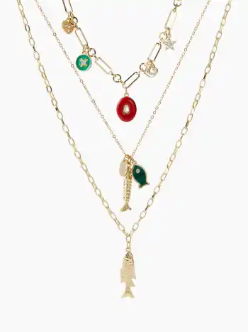 MULTI-LAYERED FISH & HEART PENDANT CHAIN NECKLACE