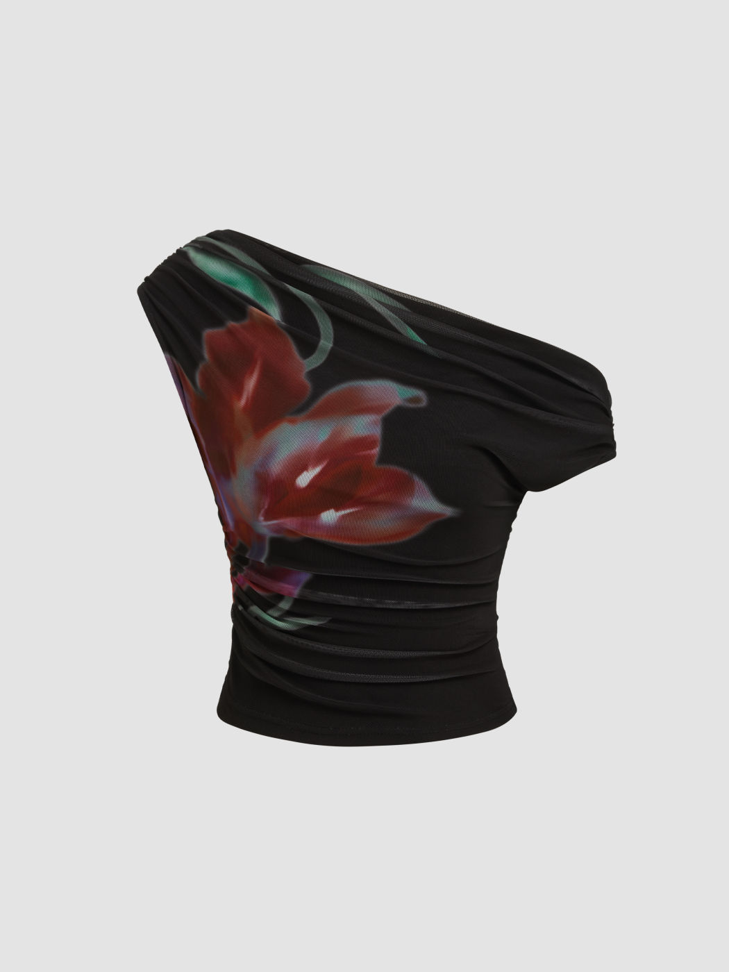 Mesh Asymmetrical Neck Floral Ruched Top