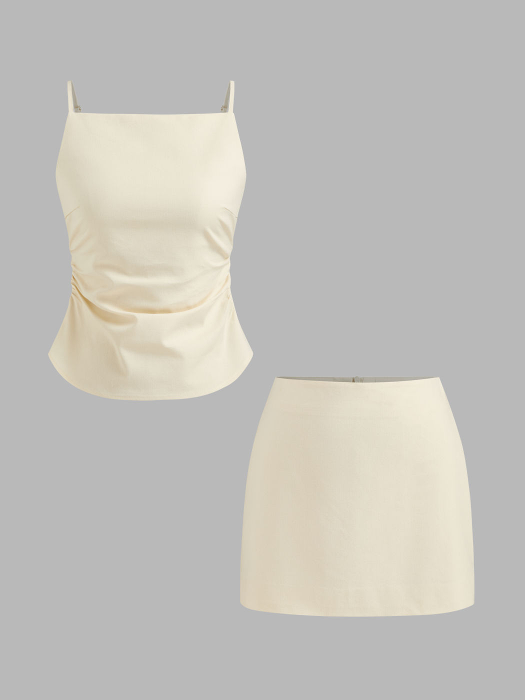 Leinen-Mischung Rüschendes Cami-Top mit Kreuzverschluss und Rückenausschnitt + Mini-Skirt Set