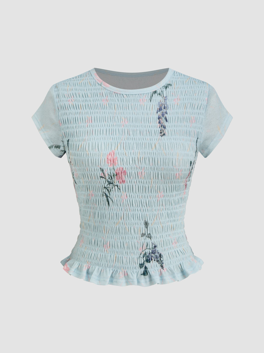 Floral Lettuce Hem Shirred Short Sleeve Top