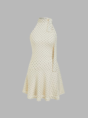 Halter Neckline Polka Dot Ruched Ruffle Mini Dress