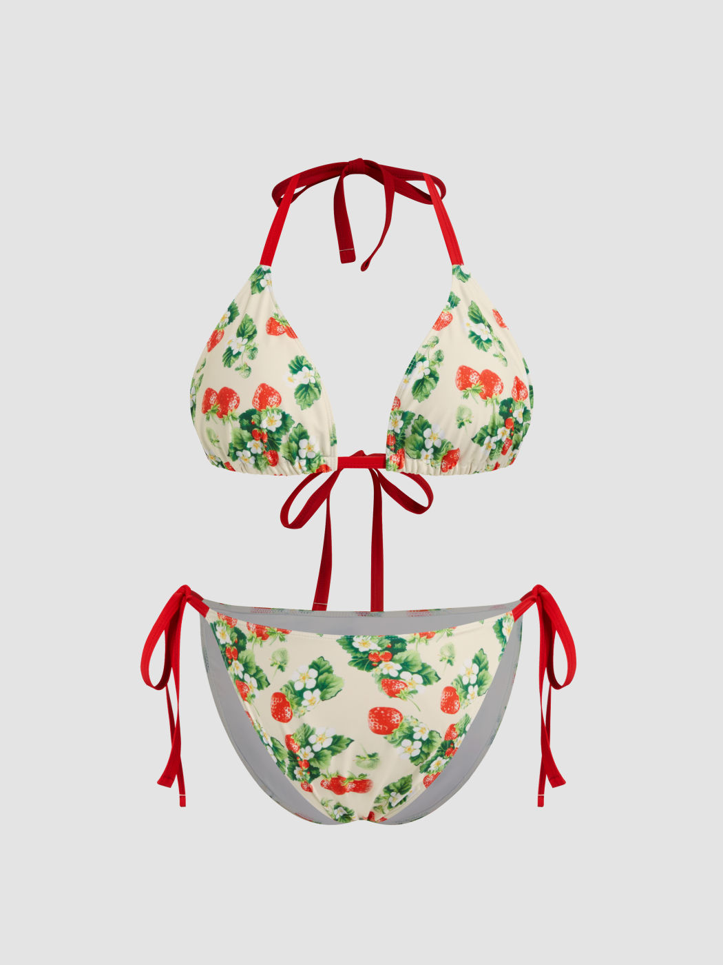 V-neck Strawberry Knotted Halter Tie Side Bikini Set Curve & Plus