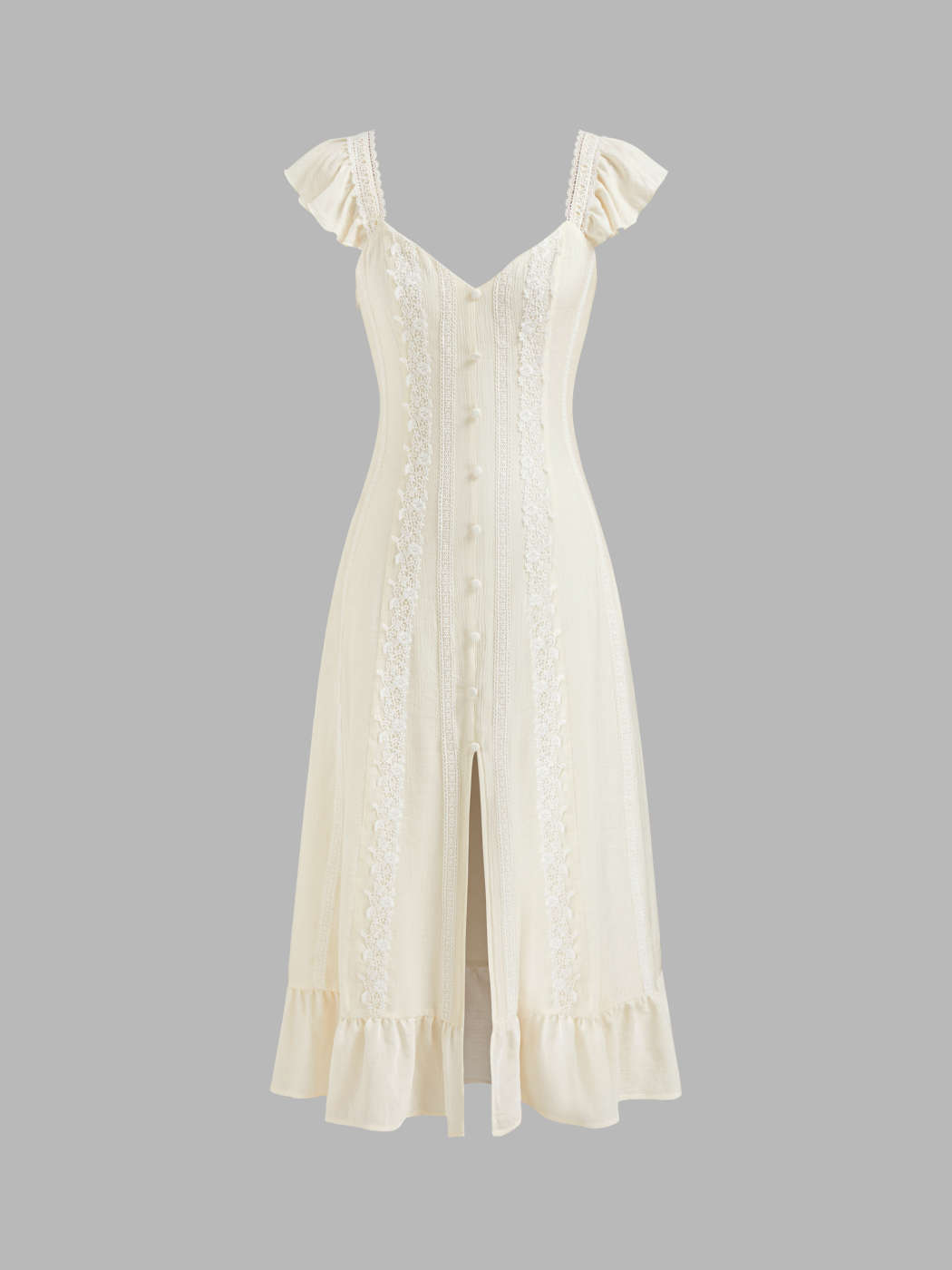 Robe mi-longues à col cœur, appliqué, fente et volants à la base