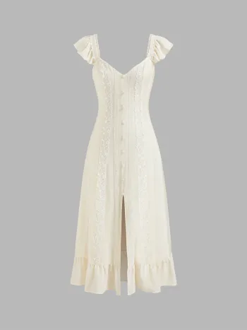 Sweetheart Neckline Applique Split Ruffle Hem Midi Dress
