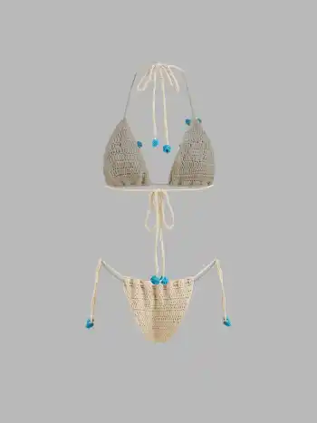Halter Neckline Crochet Starfish & Shell Triangle Tie Side Cover Up Set