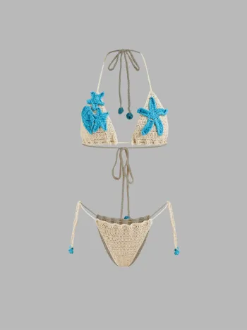 Halter Neckline Crochet Starfish & Shell Triangle Tie Side Cover Up Set
