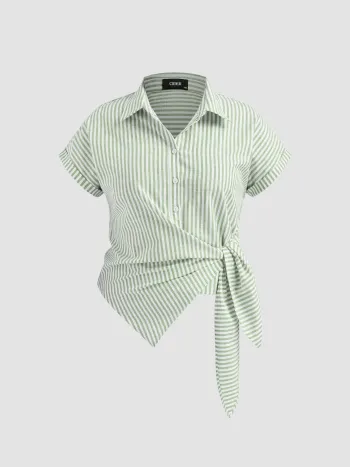 Camicia taglie forti con nodo, maniche corte e colletto a righe in misto cotone