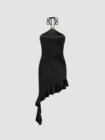 Halterhals-Sternfisch-Asymmetrische Rüschenhose Mini-Kleid