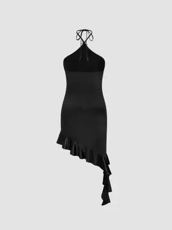 Halterhals-Sternfisch-Asymmetrische Rüschenhose Mini-Kleid