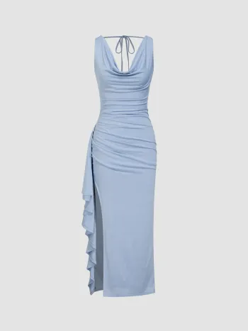 Maxikleid mit Rundhalsausschnitt, Spitzenrand und geschlitztem Rücken