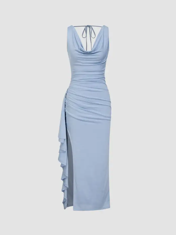 Knit Fabric Asymmetrical Neck Bowknot Ruched Mini Dress For Date