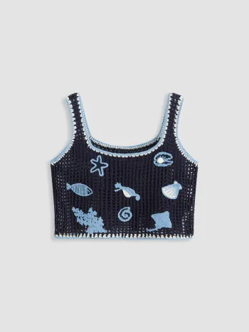 Crop Tops Cami en maille avec motifs d'étoiles de mer, de coquillages et de méduses et bordures contrastées