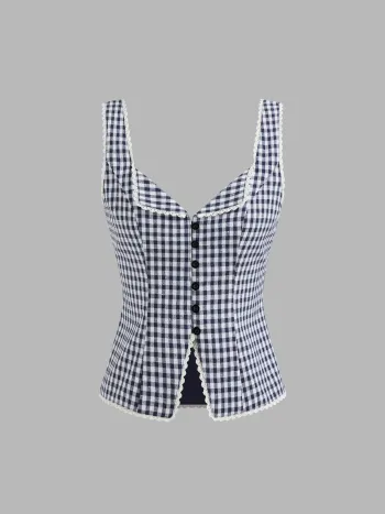 Linen-blend V-neck Gingham Contrasting Binding Blazer Vest