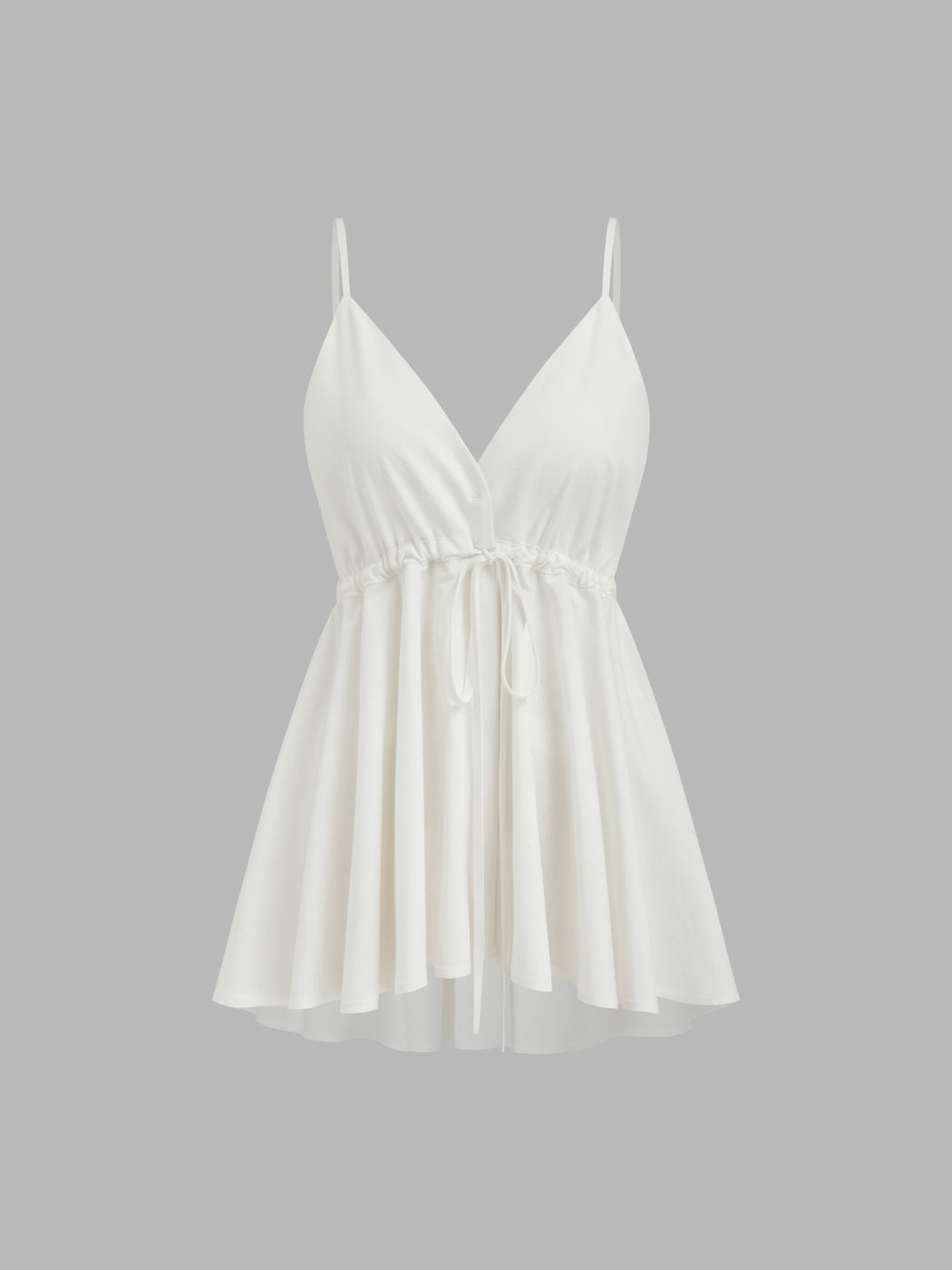 Linen-blend V-neck Drawstring Knotted Ruffle Cami Blouse