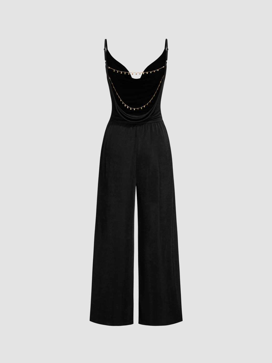 Cowl Neck Metal Chain Backlesss Ruched Wide Leg Jumpsuit
