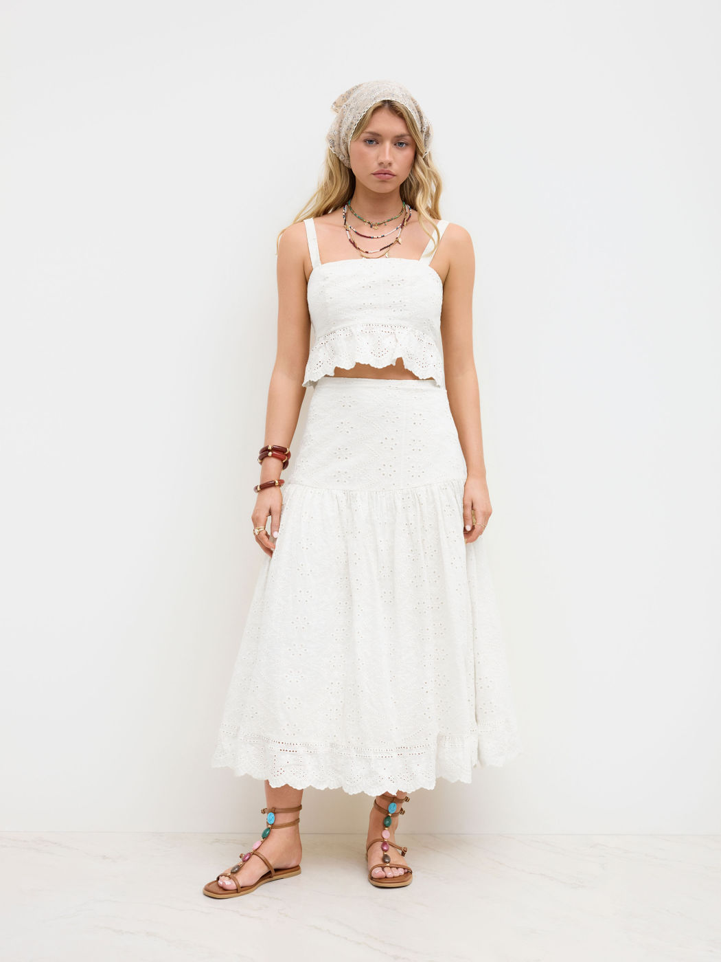100% Cotton Mid Rise Broderie Anglaise Ruffle Maxi Skirt
