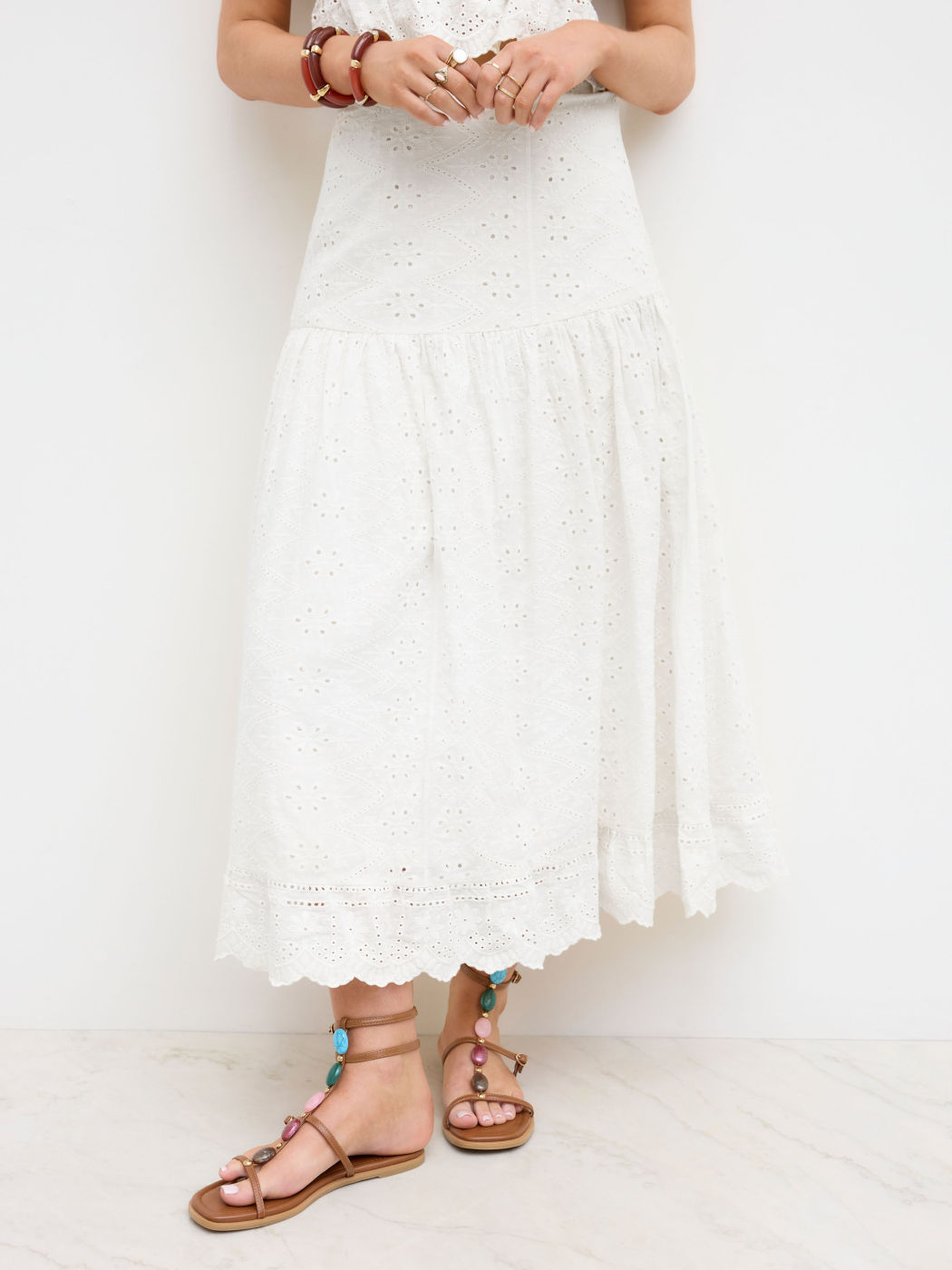 100% Cotton Mid Rise Broderie Anglaise Ruffle Maxi Skirt