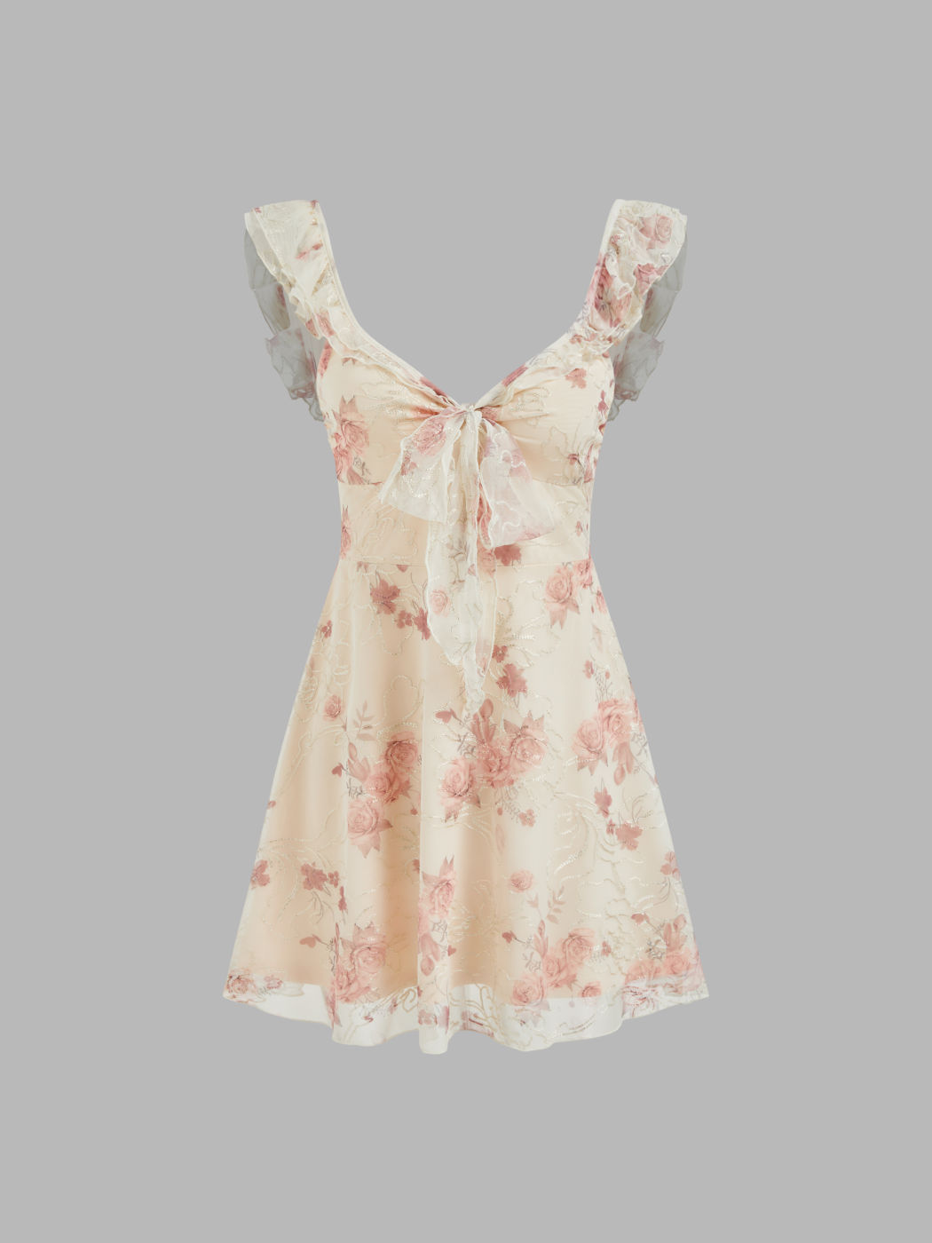 Lace Sweetheart Neckline Floral Bowknot Lettuce Trim Mini Dress