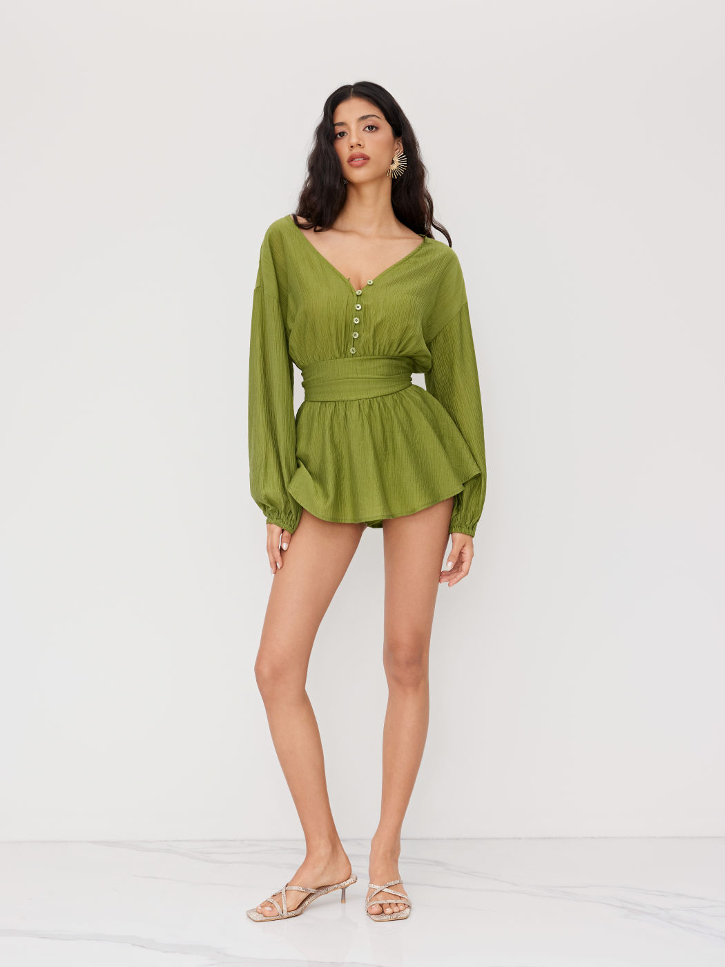 V-neck Shirred Ruched Button Romper