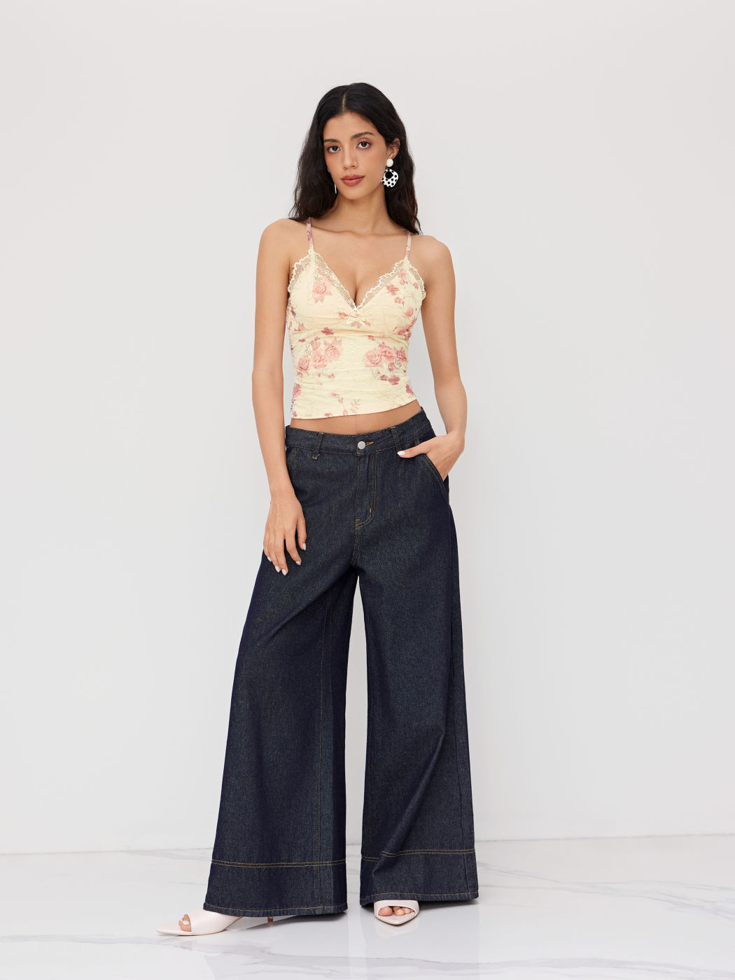 Mesh V-neck Floral Lace Trim Bowknot Cami Top