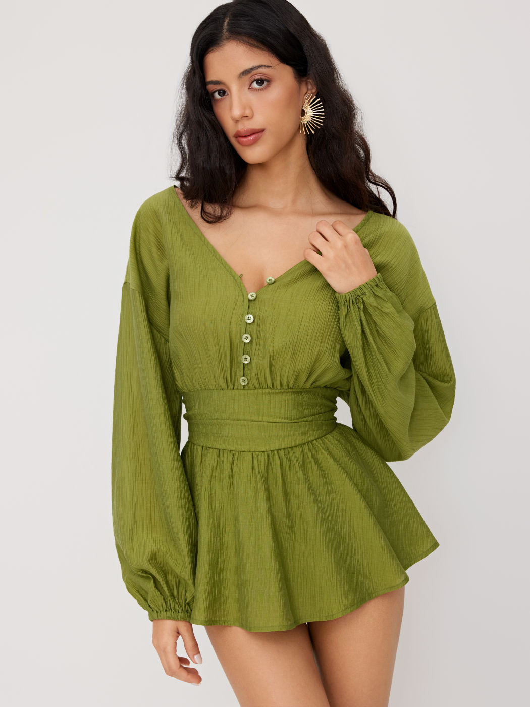 V-neck Shirred Ruched Button Romper