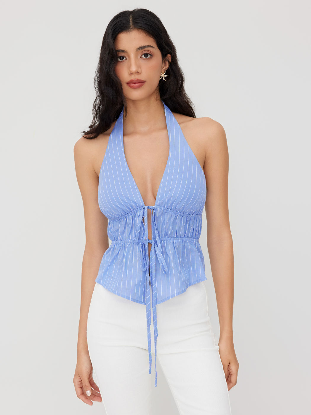 100% Cotton Halter Neckline Stripe Tie Front Tank Top