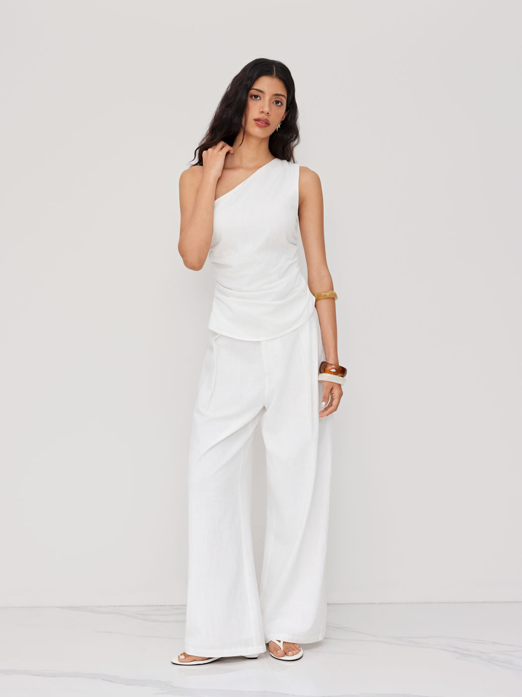 Cotton Mid Rise Pleated Wide Leg Long Trousers