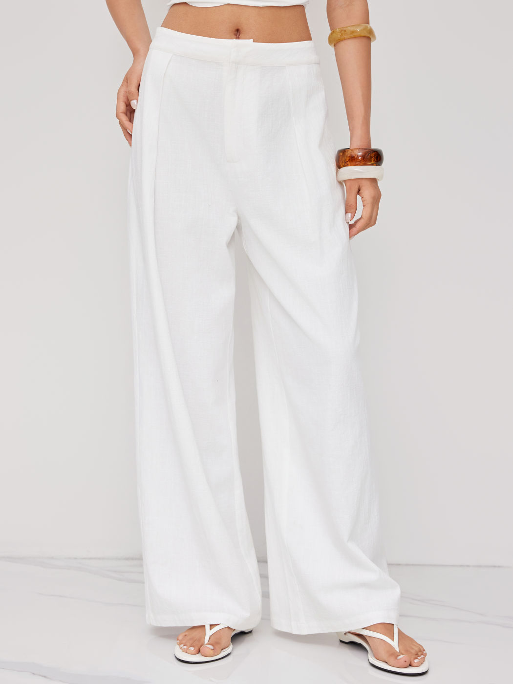 Cotton Mid Rise Pleated Wide Leg Long Trousers