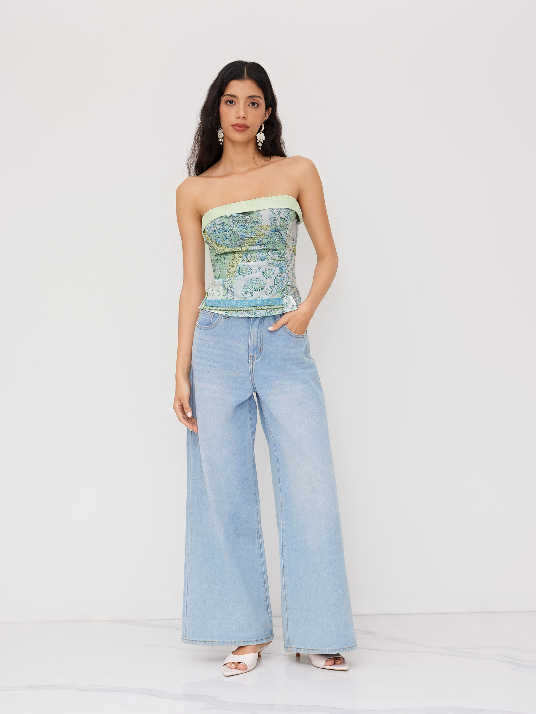 Cotton-blend Paisley Ruched Fold Over Bandeau Top