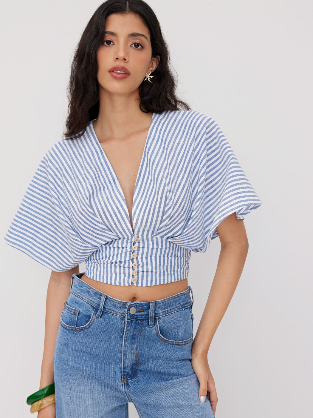Cotton-blend V-neck Stripe Ruched Dolman Sleeve Shirt