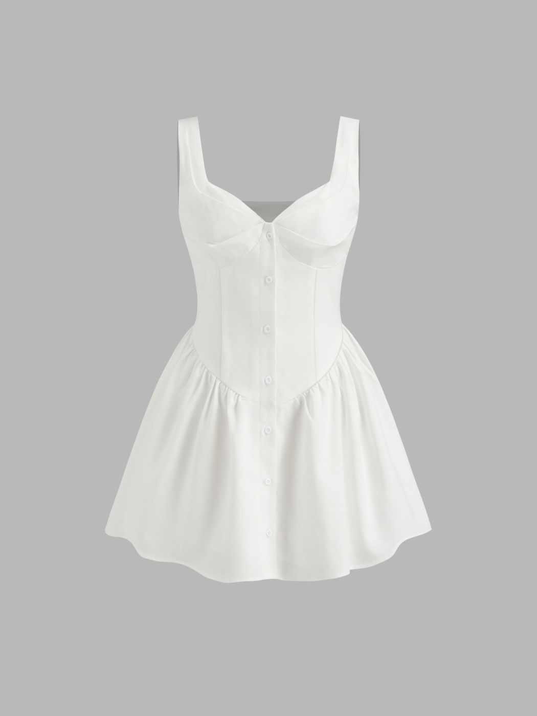 Mini abito arricciato con bottoni e scollo a cuore in misto lino