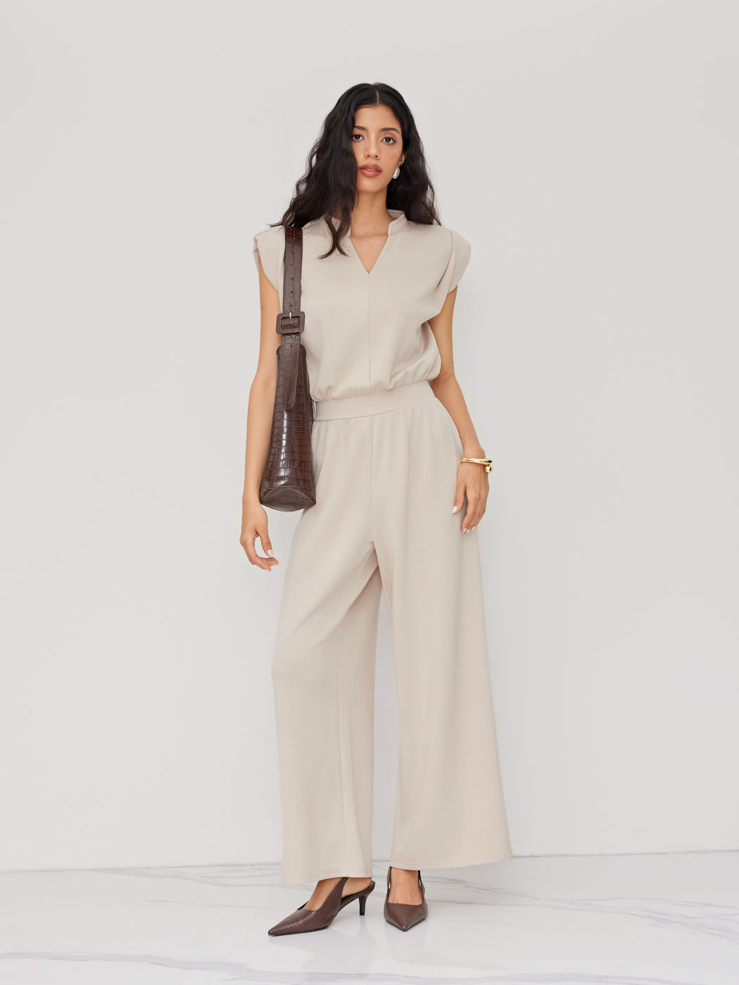 V-neck Elastic Waist Ruched Straight Leg Jumpsuit