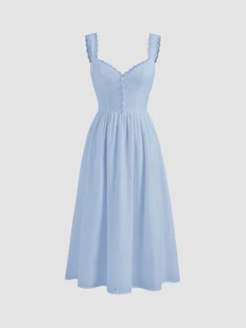 Baumwoll-V-Ausschnitt Englisches Stickerei Blumenknopf Midikleid
