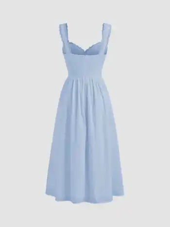 Baumwoll-V-Ausschnitt Englisches Stickerei Blumenknopf Midikleid