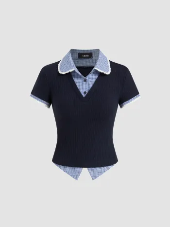 Polo Neck Gingham Patchy Two Tone Lace Trim Tee
