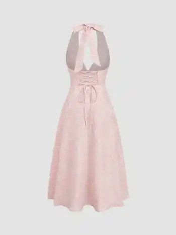 Jacquard Halter Neckline Floral Lace Up Maxi Dress