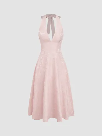 Jacquard Halter Neckline Floral Lace Up Maxi Dress