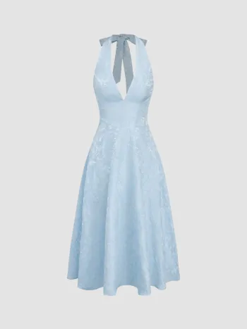 Maxi abito jacquard con scollo ad aletta e pizzo floreale