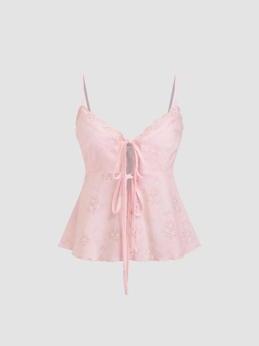 V-neck Tie Front Bow Lace Trim Cami Top
