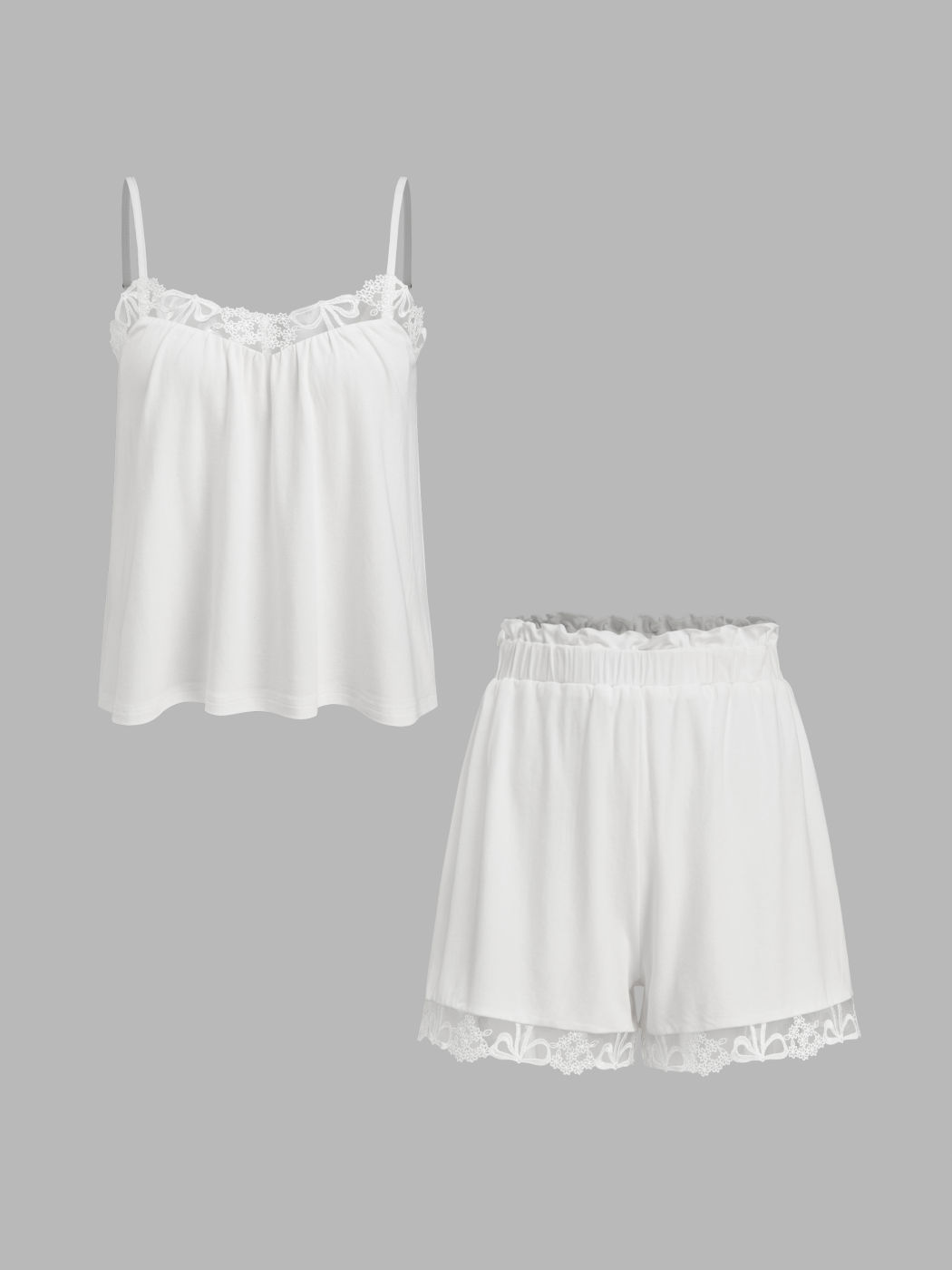 V-neck Bowknot Lace Trim Cami Crop Top & Mid Rise Lettuce Trim Elastic Waist Shorts Loungewear Set