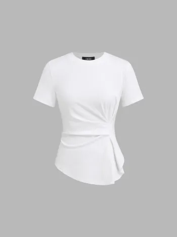 100% Cotton Round Neckline Ruched Asymmetrical Hem Tee