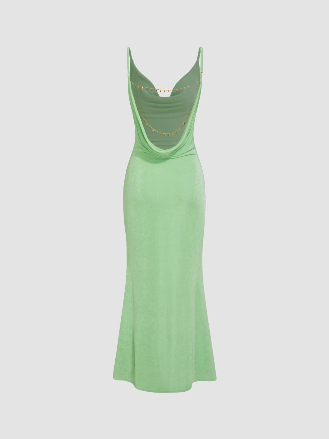 Cowl Neck Backless Chain Detail Cami Mermaid Maxi Dress