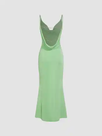 Cowl Neck Backless Chain Detail Cami Mermaid Maxi Dress