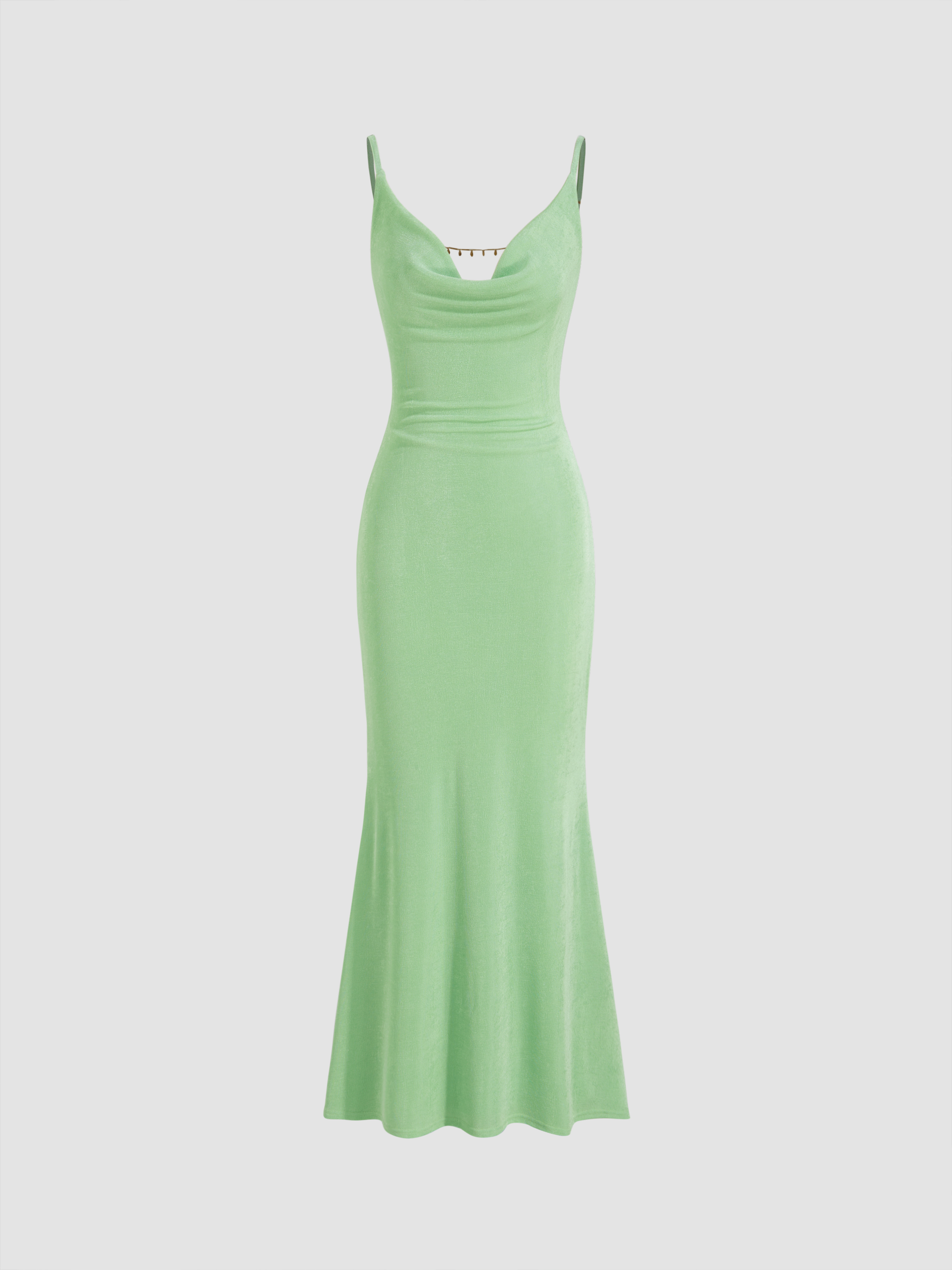 Cowl Neck Backless Chain Detail Cami Mermaid Maxi Dress