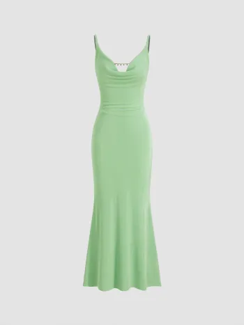 Cowl Neck Backless Chain Detail Cami Mermaid Maxi Dress