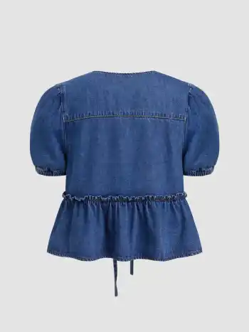 Denim Tie Front Bow Puff Sleeve Oversized Blouse