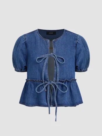 Denim Tie Front Bow Puff Sleeve Oversized Blouse