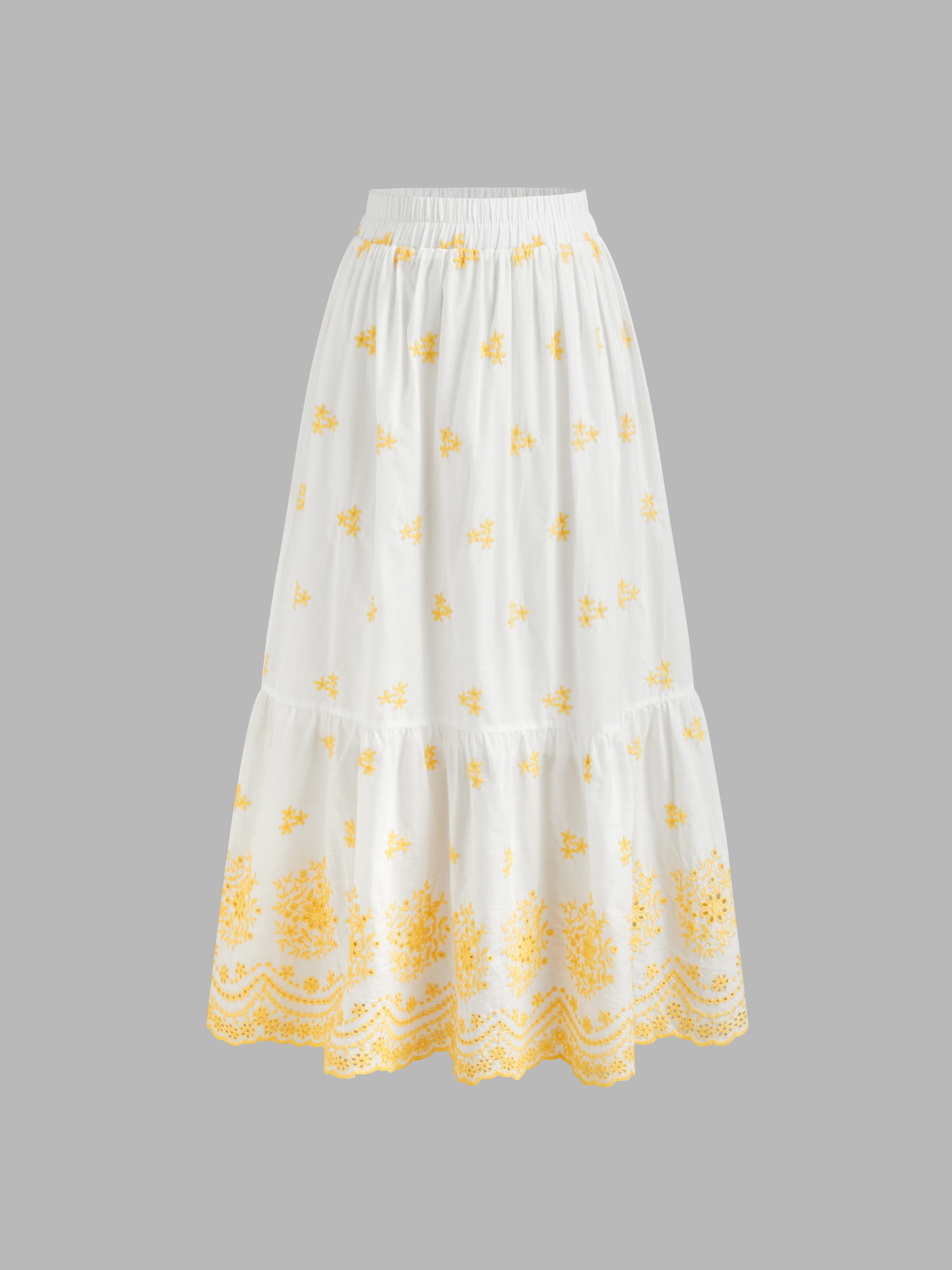 ★MEENDERI★FLOWER SHIRRING LAYERED SKIRT - WHITE★正規品 Long Skirts Woven Mid Rise Floral Broderie Anglaise Ruffle