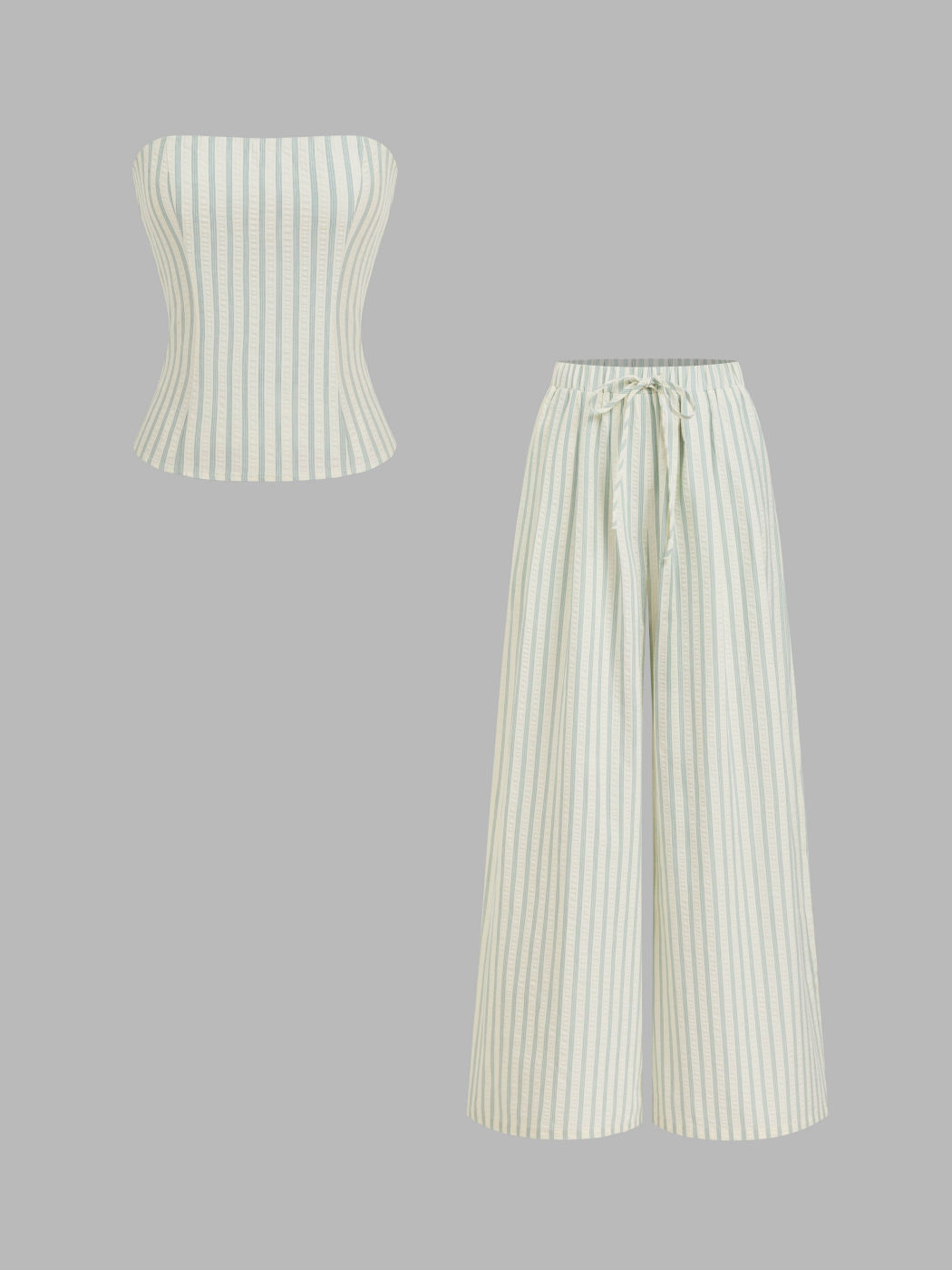 Cotton-blend Stripe Bandeau & Knotted Wide Leg Trousers Set