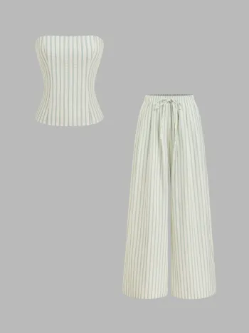 Cotton-blend Stripe Bandeau & Knotted Wide Leg Trousers Set